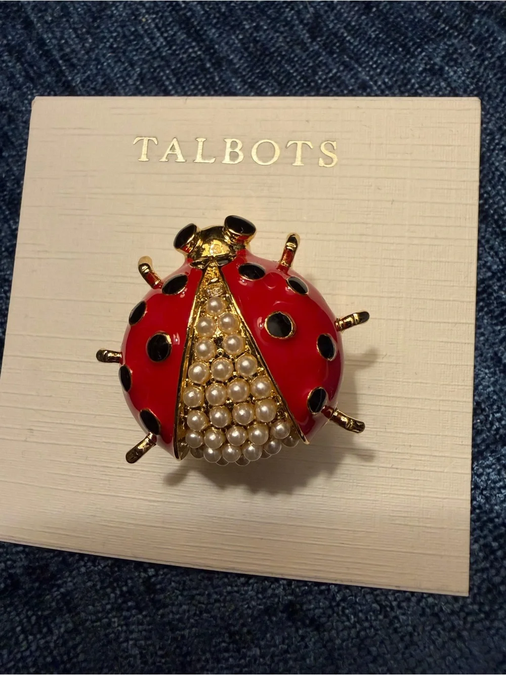 Talbots Red and Black Enamel Ladybug Pin with Faux Pearls